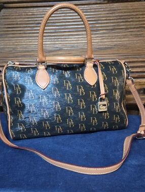 Dooney & Bourke Black Monogram Satchel with Tan Leather Trim